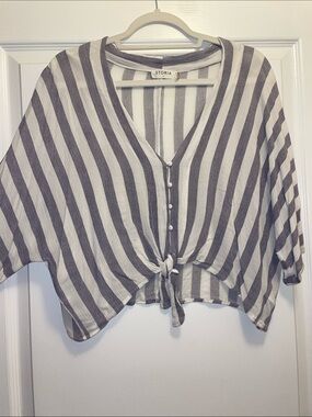 Storia White and Lavender Striped Tie-Front Blouse